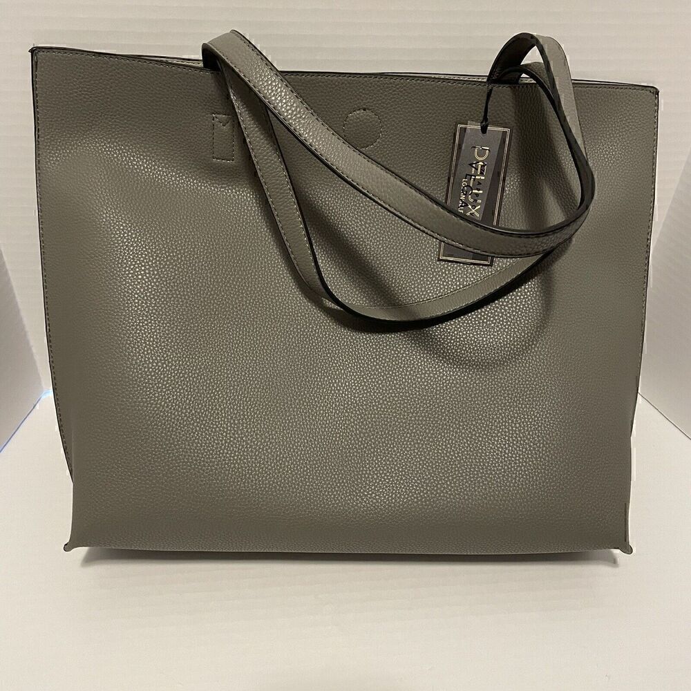 Deluxity 2 Pc. Set: Large Tote Bag, Strap Vegan Leather Gray Smaller Inside Bag